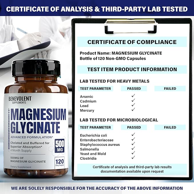 Premium Magnesium Glycinate 500mg Capsules High Absorption Formula Chelated Buffered Glycinate to Support Digestion, Bone, Sleep & Muscle Health - Made in USA - 120 Capsules