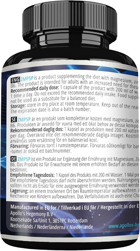 APOLLO'S HEGEMONY ZMP5P 375 mg per Portion - Magnesium, Zinc, Vitamin B6 in Chelated Form - 120 Vegan Capsules - 40 Day Supply - for Enhanced Health and Wellness
