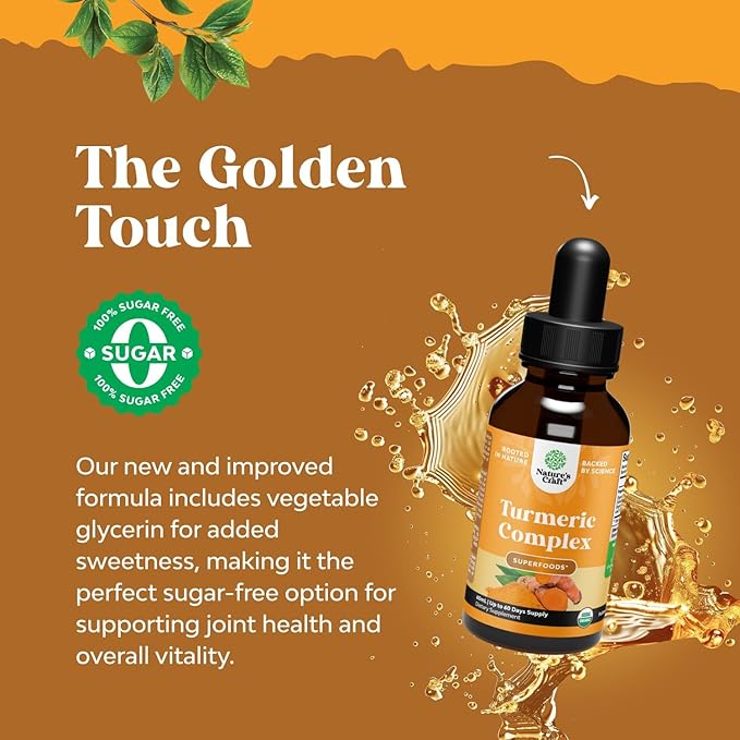 Organic Turmeric Liquid Drops for Adults - Turmeric Curcumin with Black Pepper, Cinnamon & Ginger Extract Liquid for Joint Pain, Mobility & Inflamation - Curcumin Drops for Immune Support - 60ml (2oz)