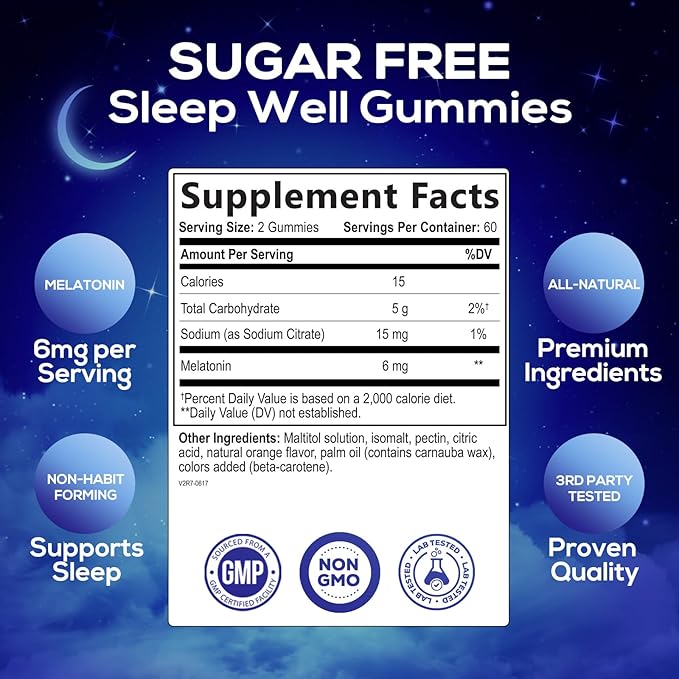 Melatonin Sleep Gummies Sugar Free - 6 mg Natural Melatonin Sleep Gummies for Adults, Extra Strength Sleep Gummy Supplements, Occasional Sleeping Support Supplement, Gomitas para Dormir - 120 Gummies