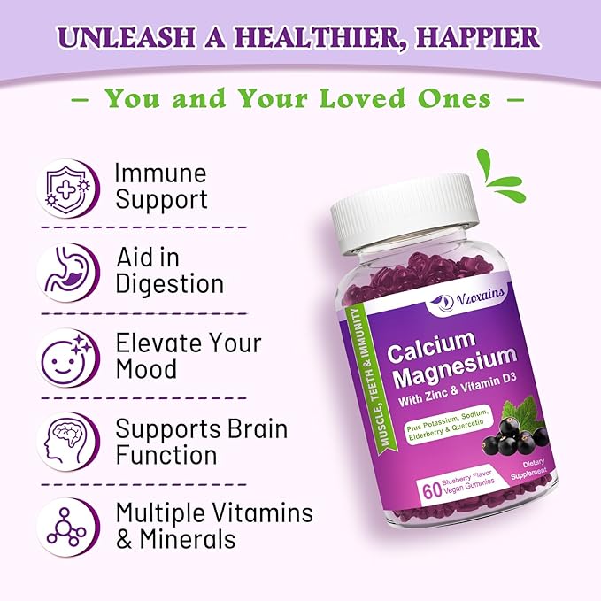 High Absorption Calcium Gummies, Calcium Magnesium Zinc with Magnesium Glycinate, Potassium, Vitamin D3 for Women & Men- Blueberry Flavor 120 Cts
