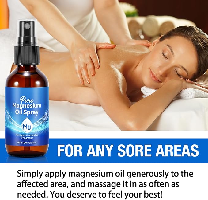Magnesium Spray, Pure Magnesium Oil Spray for Feet, Natural Organic Ingredient in Glass Bottle, Easy to Absorb and Use (60ML)
