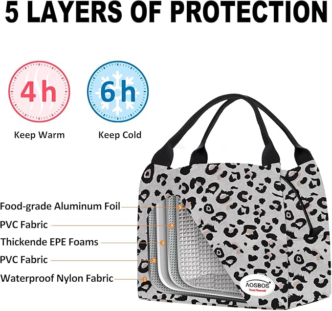 Aosbos Lunch Bags for Adult Lunch Box for Women Insulated Lunch Cooler Bag Loncheras Para Mujer Meal Prep Lunch Pail Lunch Tote Bag for Work Office Picnic, Leopard