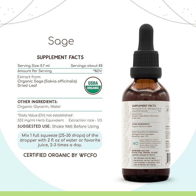 Sage B60 Alcohol-Free Herbal Extract Tincture, Concentrated Liquid Drops Natural USDA Organic Sage (Salvia officinalis) Dried Leaf (2 fl oz)