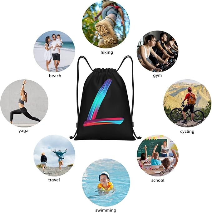 Drawstring Bags Initial Drawstring Backpack Sackpack Black Draw String Cinch Bags for Sports, Gym, Travel, Swimming, Beach, Camping, Rainbow Letter L
