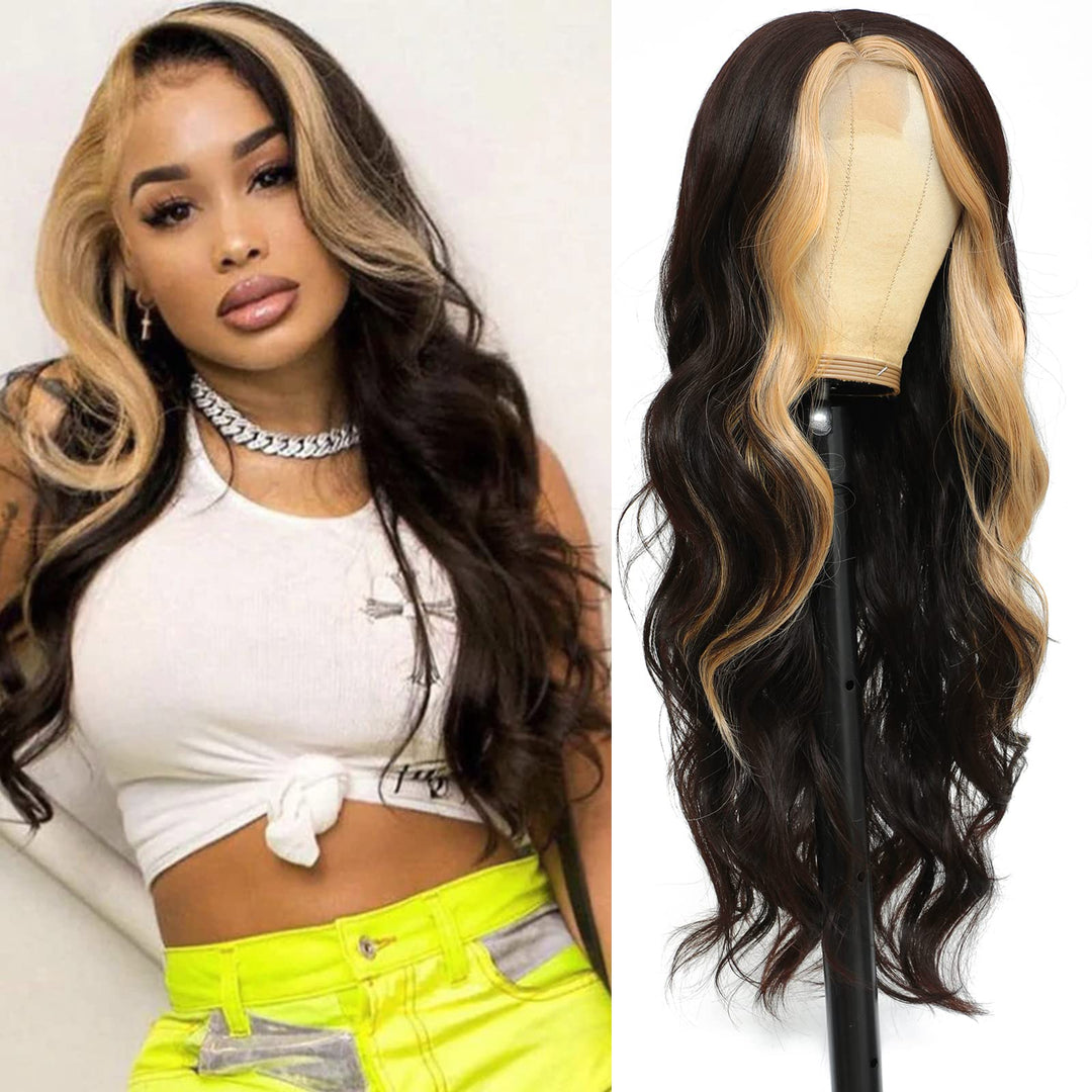 Xccoco Long Wavy Wigs For Women Black Highlighted Wig Body Wave Synthetic Lace Wig 28Inch Black Wig With Blonde Streaks Highligh