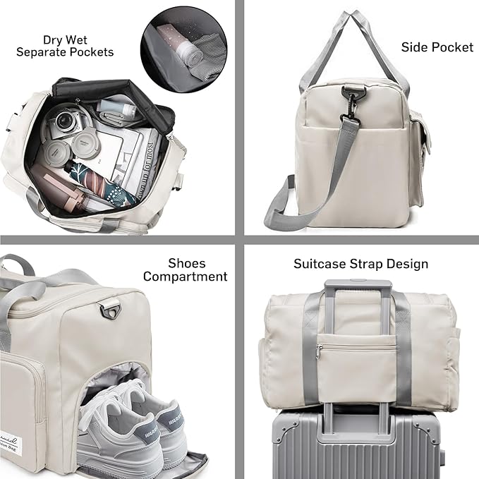 Travel Duffel Bag with Shoes Compartment Sports Gym Bag with Dry Wet Separated Pocket for Men and Women, Overnight Bag Weekender Bag Training Handbag Yoga Bag - White Gray