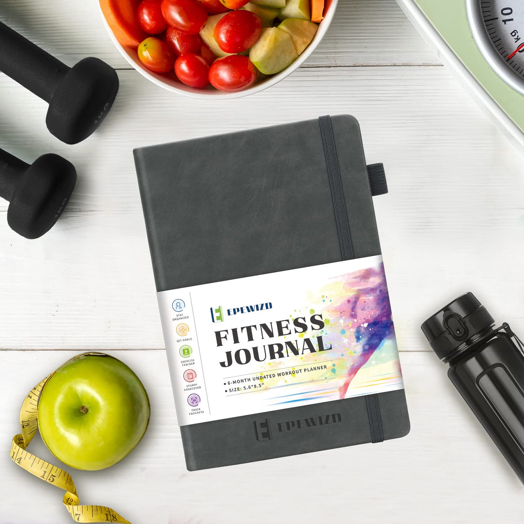 EPEWIZD Fitness Journal Hardcover Workout Planner 6- Month Undated Workout Log Book Home Gym Accessories for Women and Man-Gray