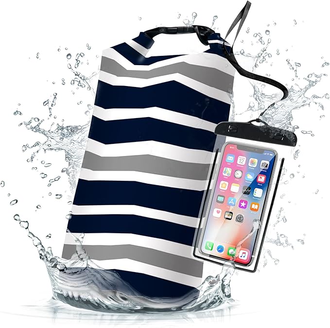 Waterproof Dry Bag,Roll Top Navy Blue and Gray Stripes Waterproof Backpack 5L/10L/20L Floating and Lightweight Bags for Kayaking, Boating, Fishing, Swimming and Camping with Waterproof Phone Case