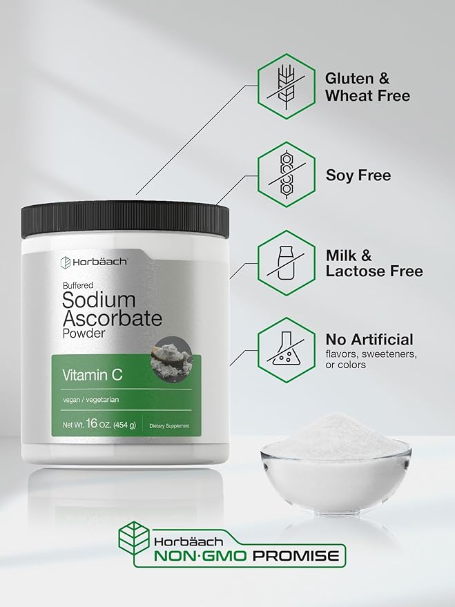 Horbäach Buffered Sodium Ascorbate Vitamin C Powder | 16 oz | Vegan, Non-GMO, and Gluten Free Supplement