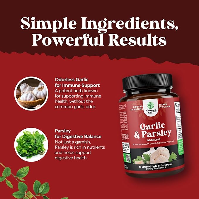 Concentrated Odorless Garlic Softgels - Parsley Extract & Aged Garlic Supplements - Parsley Softgels for Gut Support - 60 Ct