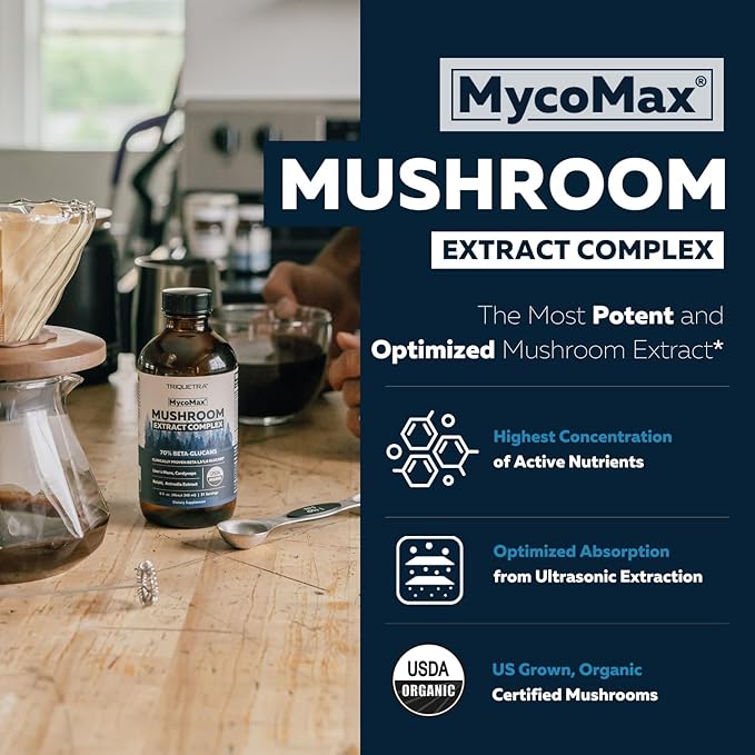 MycoMax Mushroom Complex - 70% Beta Glucans, Max Potency Mushroom Supplement, US Grown + Ultrasonic Extraction - Lions Mane, Cordyceps, Reishi & More - Promotes Cognition, Immunity, Energy - 8 oz.