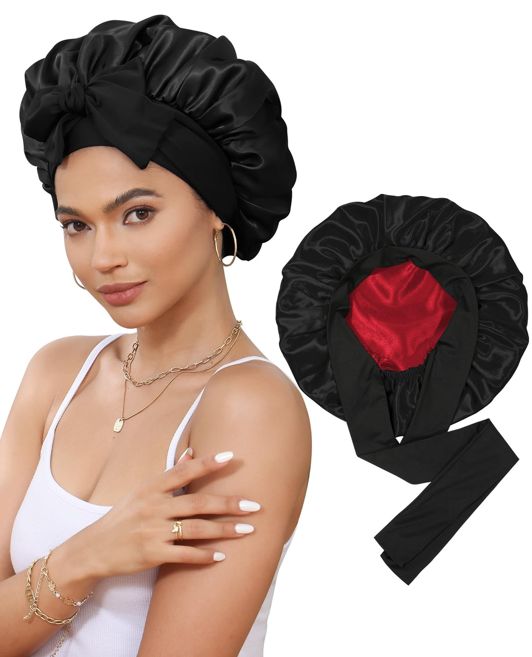 Satin Bonnet Silk Bonnet for Sleeping Silk Sleep Cap Double Layer Hair Bonnet with Elastic Tie Band for Curly Hair Night Cap (Black+Red)