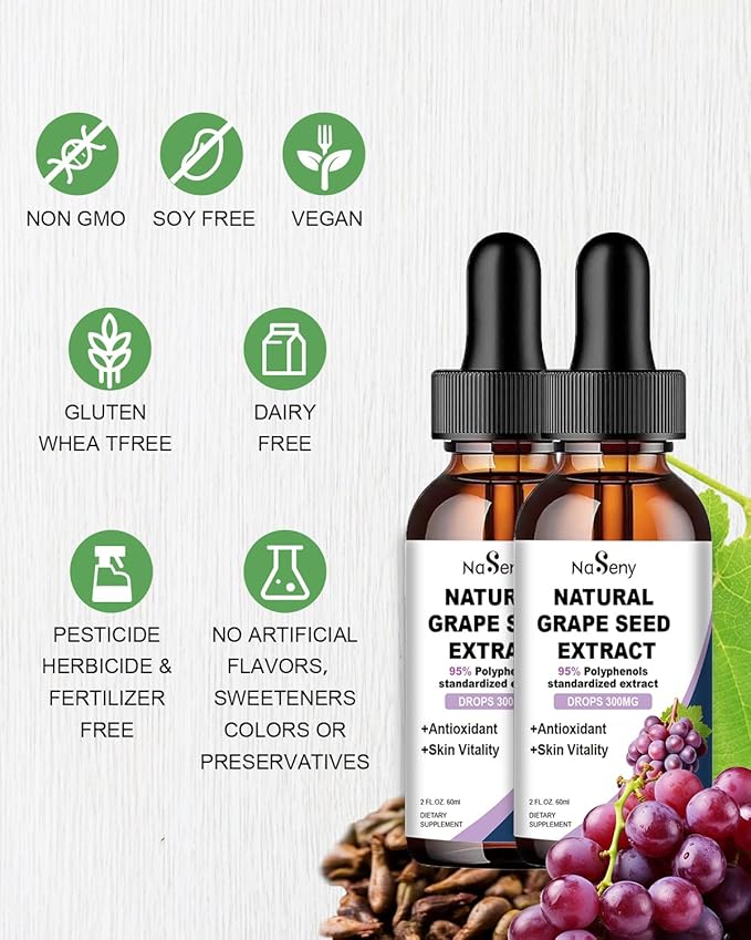 Grape Seed Extract Liquid Drops Standardized to 95% Polyphenols-300 mg Grape Seed Maximum Strength Standardized Tincture, High Absorption Liquid Vitis Vinifera Extract Drops -Non-GMO (2 Bottles)