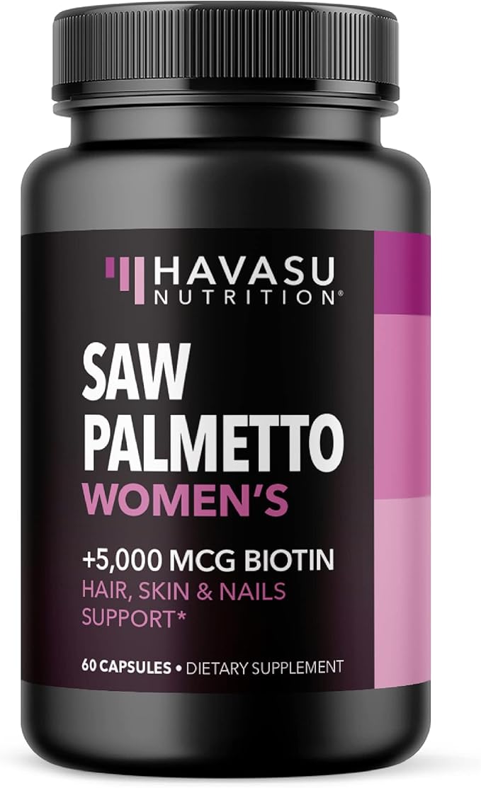 Saw Palmetto for Women with Biotin 5000mcg - Powerful DHT Blocker to Support Hair, Skin, and Nail Health - 60 Count - Vegan, Non-GMO Vitamin for Stronger, Fuller Looking Locks - 1 Month Supply