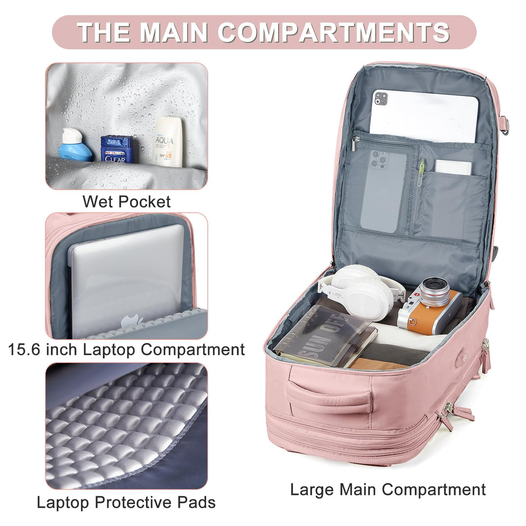 Expandable Backpack For Traveling On Airplane Carry On Backpack Flight Approved Personal Item Travel Backpack For Women Men Airline Approved Gym Bag With Shoe Compartment Travel Weekender Bag Pink