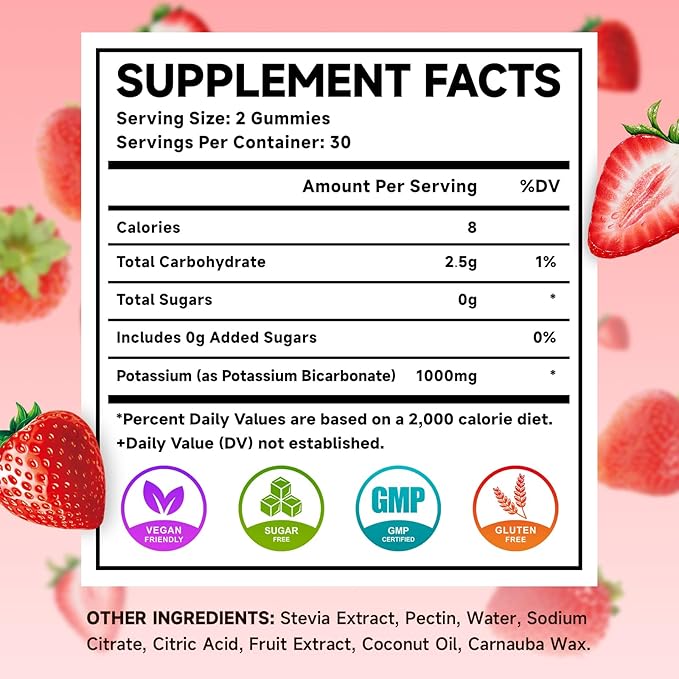 Potassium Gummies 1000mg, Potassium Bicarbonate Supplement for Adults & Kids, Potassium Supplement for Electrolyte Balance & Muscle Heath, Sugar-Free, Strawberry Flavor, 60 Count