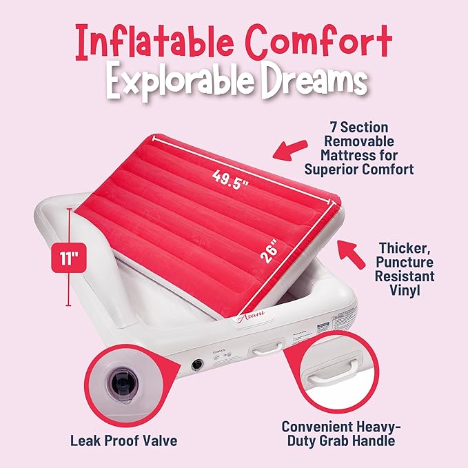 Asani Inflatable Toddler Travel Bed with Electric Pump, Leakproof Air Mattress w/Reinforced Protective Bumpers, Includes Carry Case and Pillow, Fits Kids Up to 4ft, for Camping & Sleepovers (Pink)