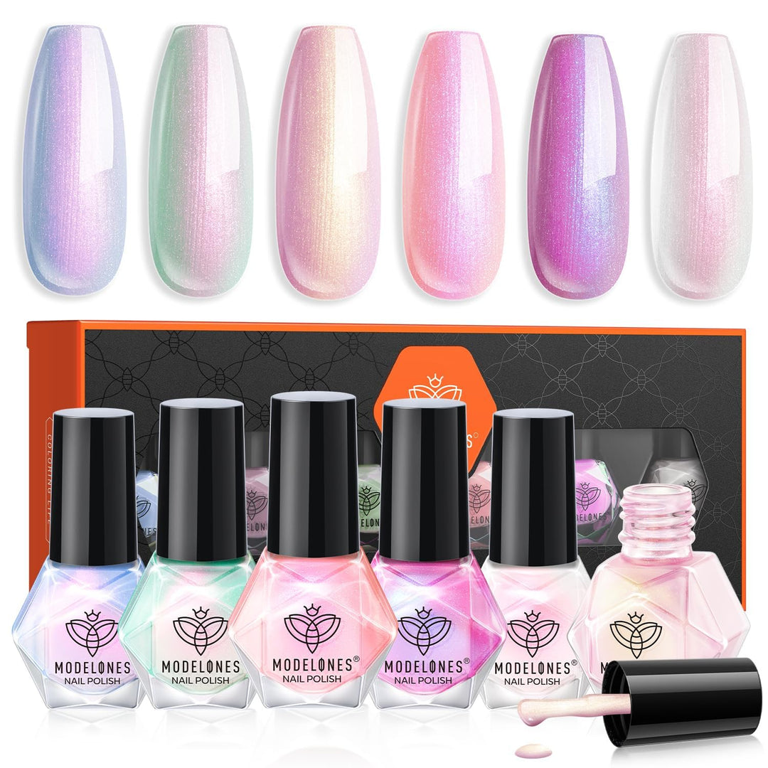 modelones Chrome Nail Polish Set, 2025 Spring Summer 6 Colors Shimmer Pearl White Pink Mermaid Purple Quick Dry Nail Polish Kit Fingernail Polish Manicure DIY Salon Home Easter Gifts for Women Girl