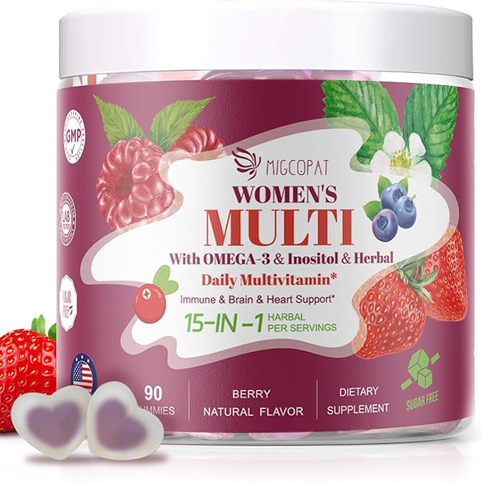 Sugar-Free Women’s Multivitamin Gummies, Packed with Inositol, Omega-3, Prebiotics, CoQ10 & Key Vitamins (A, C, D3, E, B12) – Supports Heart, Brain, Gut, Energy & Immune Health*