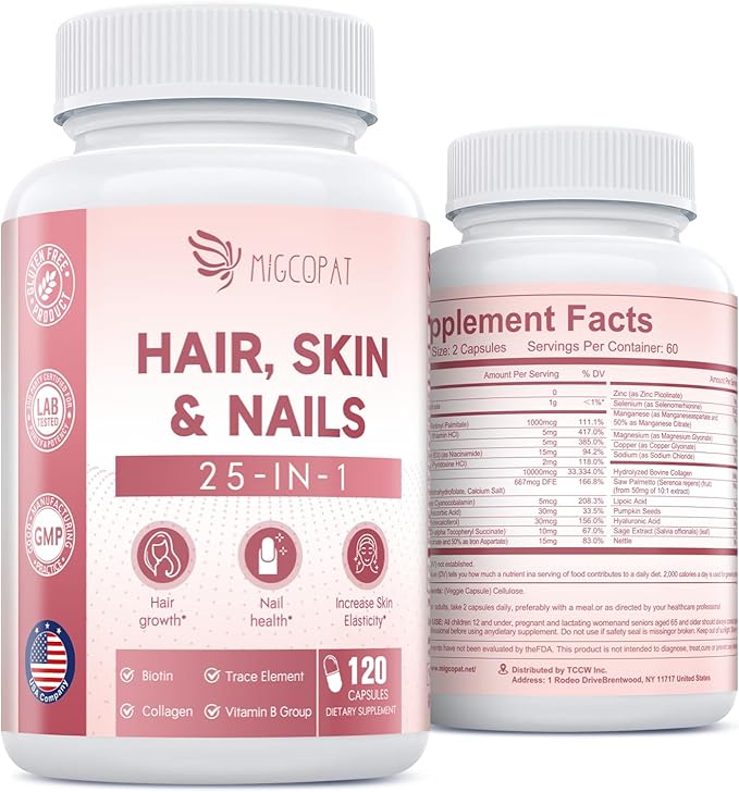 25-in-1 Formula Hair, Skin & Nails Supplement with Biotin 10,000mcg, Collagen, Vitamin B, C, D3, E, Folate, Iron for Women