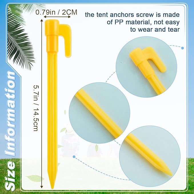 24 Pack Plastic Tent Stakes 5.7 Inch Heavy Duty Canopy Anchoring Pegs Plastic Tent Pegs Sand Stakes Outdoor Beach Spikes for Camping, Gardening, Landscaping, Backpacking(Yellow)