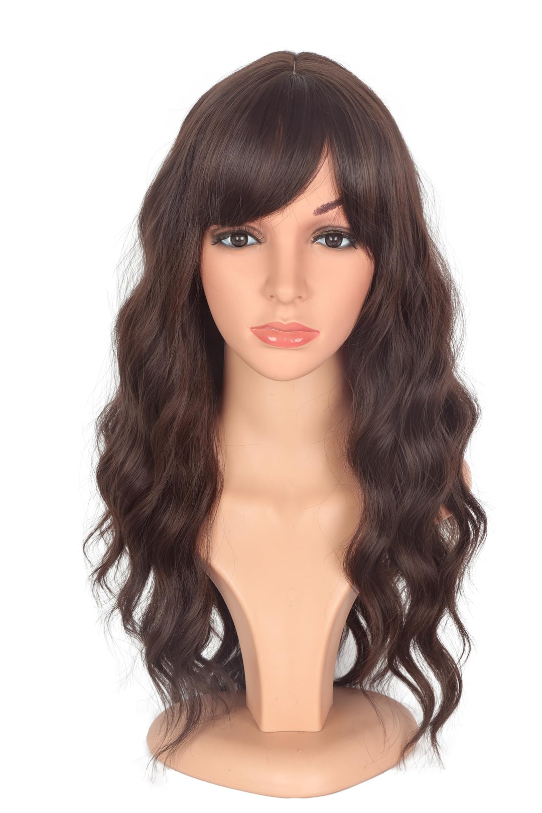 Symeiw Medium Long Brown Wavy Wigs For Women Synthetic Full Hair Wigs With Bangs For Daily Use (Brown)