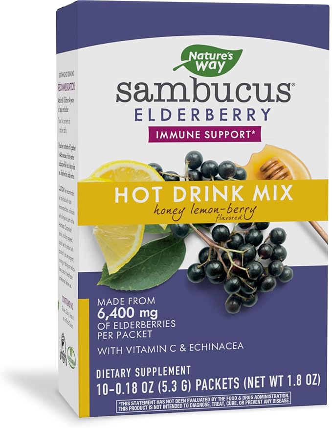 Nature's Way Sambucus Elderberry Hot Drink Mix with Vitamin C and Echinacea, Immune Support*, Honey Lemon-Berry Flavored, 10 Packets