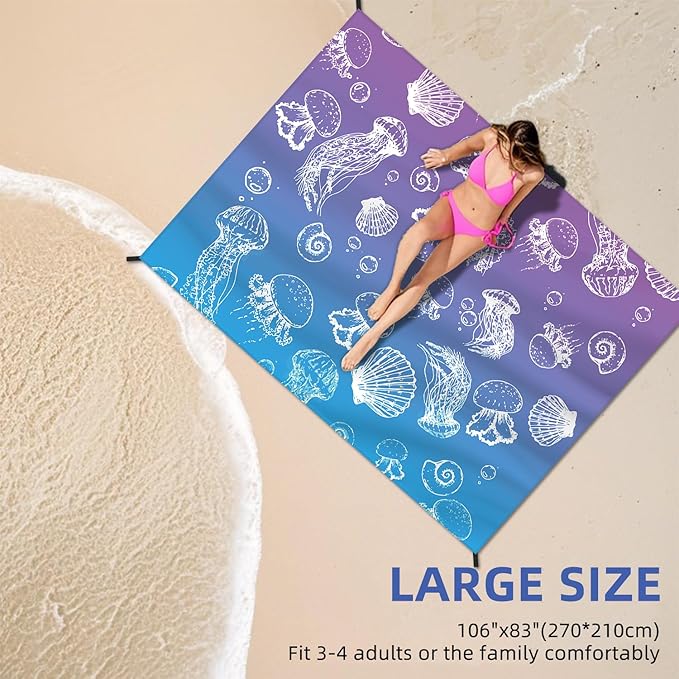 Beach Blanket Waterproof Sandproof Large Beach Mat 83" X 106" for 3-5 Adults Sand Free Mat Quick Drying,Lightweight & Durable with 4 Stakes & 4 Corner Pockets for Beach Camping .(Purple)