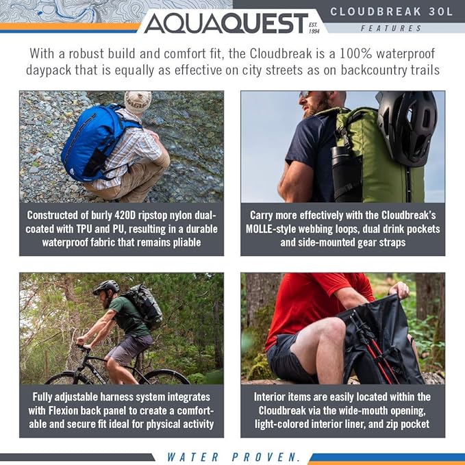 AquaQuest Cloudbreak Waterproof Backpack - Large 30L DryBag Daypack Great for Outdoors, Travel in All Weather