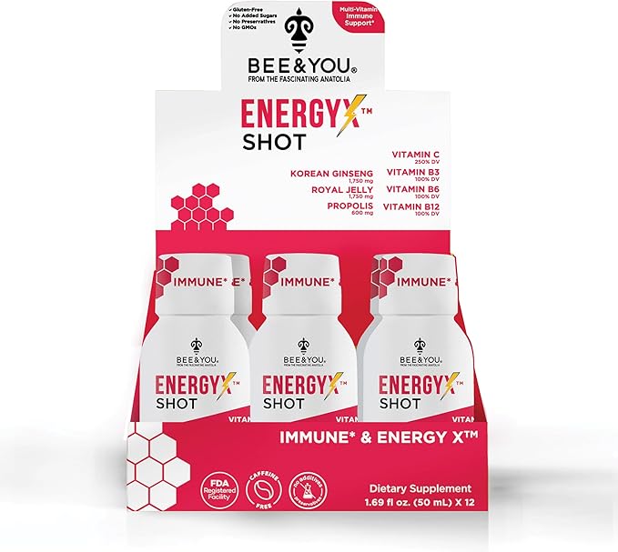 Bee and You Energy X Shot, 12 Pack, Korean Red Ginseng, Royal Jelly, Propolis, Caffeine Free Energy Drink, Vitamin C, B3, B6, B12, Immune Support Supplement, Antioxidants, Pomegranate Flavor
