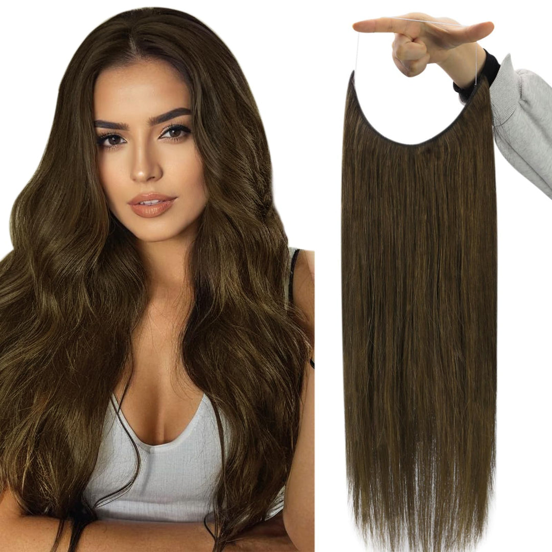 Fshine Wire Hair Extensions Olive Brown Natural Human Hair Extensions Straight Invisible Wire Hair Extensions Transparent Fishin