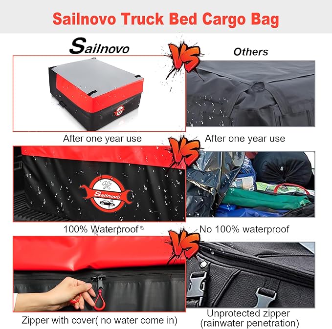Sailnovo Truck Bed Cargo Bag, 26 Cubic ft 100% Waterproof Cargo Bag for Truck Bed, Heavy Duty PVC Truck Cargo Bag Fits Any Truck Size with 4 Stretch Cord, Packing Bag (50''x40''x22'') Red