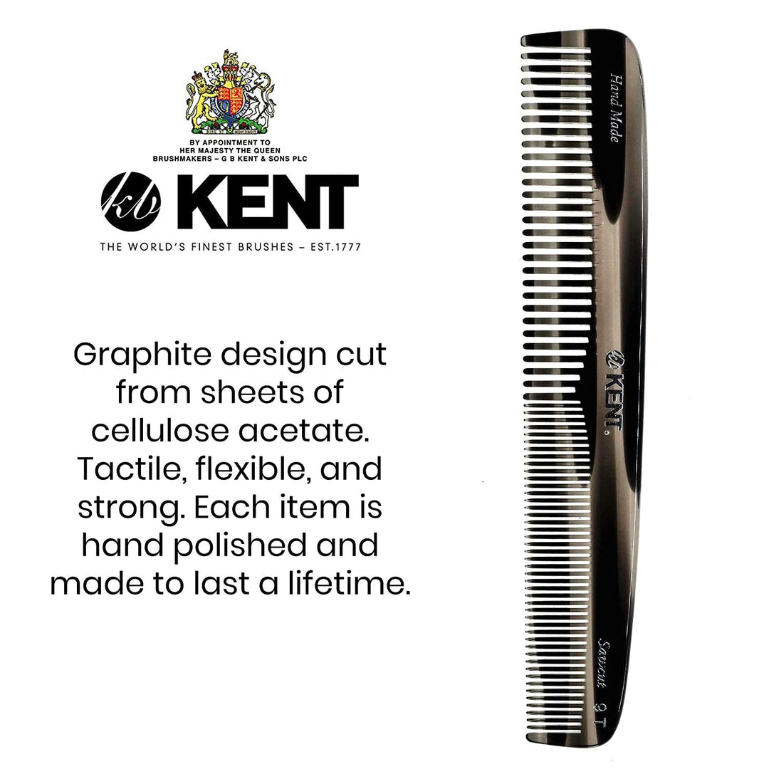 Kent 9T Double Tooth Dressing Table Comb, Tortoise Fine and Wide Tooth Coarse/Fine Dresser Comb for Hair, Beard, Mustache Styling, Grooming - For Men, Women, and Kids, Made in England