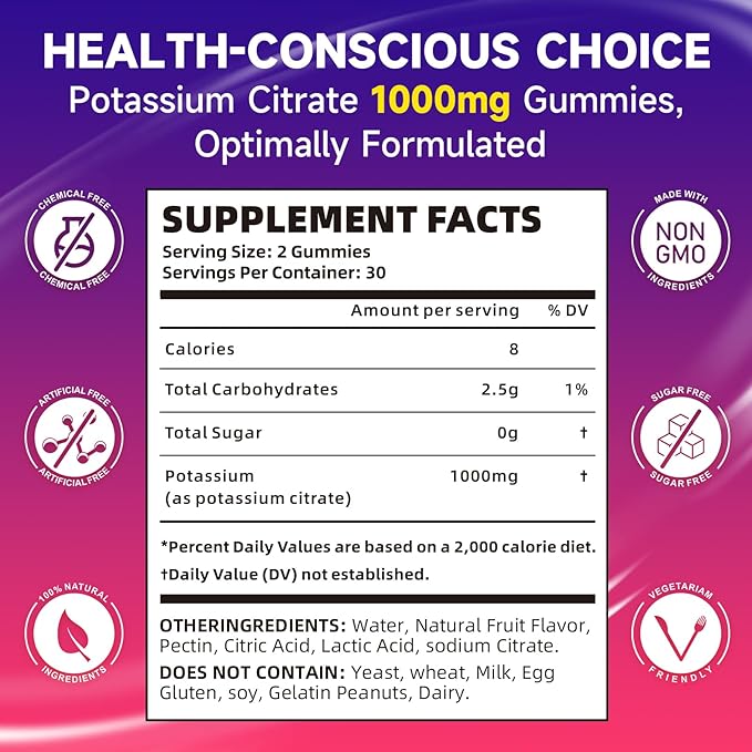 Potassium Citrate Gummies for Adults, Sugar-Free Potassium Gummies 1000mg Support Leg Cramps & Electrolyte Balance High Potency Potassium Supplement Gummies 120 Count