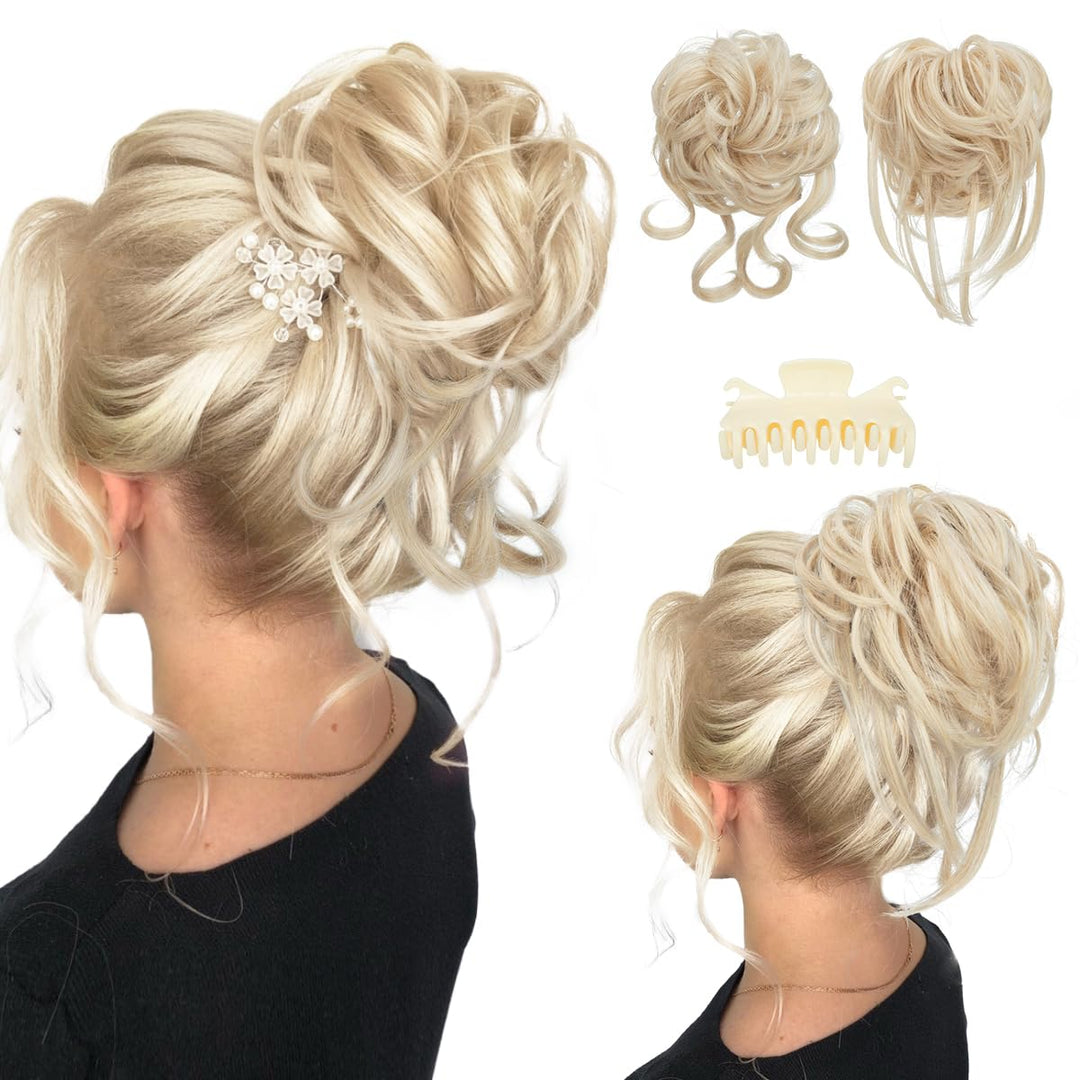 SARLA 2PCS Messy Bun Hair Pieces for Women Detachable Claw Clip Wavy Curly Synthetic Hairpieces for Updos with Tendrils Fake Scrunchies Ponytail Extension Light Champagne