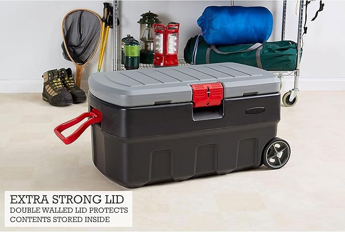 Rubbermaid ActionPacker 35 Gallon, Made in USA, Lockable Plastic Storage Bin with Lid and Wheels- Outdoor, Industrial, Rugged, Camping Gear and Truck Bed Storage - Gray and Black
