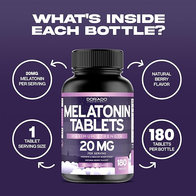 Melatonin 20mg Tablets for Adults (180 Count) - Quick Dissolve with 20mg of Melatonin Per Tablet - High Potency, Gluten-Free, Non-GMO, Vegan - Mixed Berry Flavor - Bulk Supply - USA Made