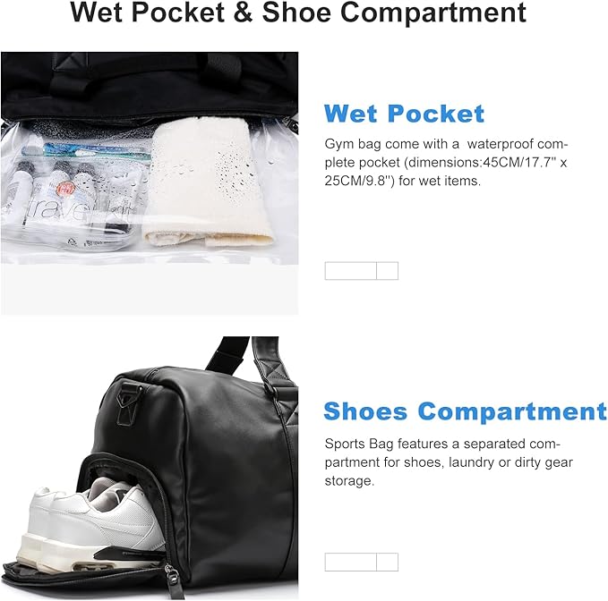 Sports Gym Tote Bag for Men & Women - Travel Duffel with Shoes Compartment & Wet Pocket, Shoulder Weekender Overnight Bag, Black