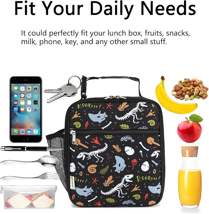Lunch Box for Kids Boys Girls Men Women, Insulated Small Soft Cooler Lunch Bag Kit for School Work Picnic Travel - Reusable Portable lunchbox, Dinosaur Fossil