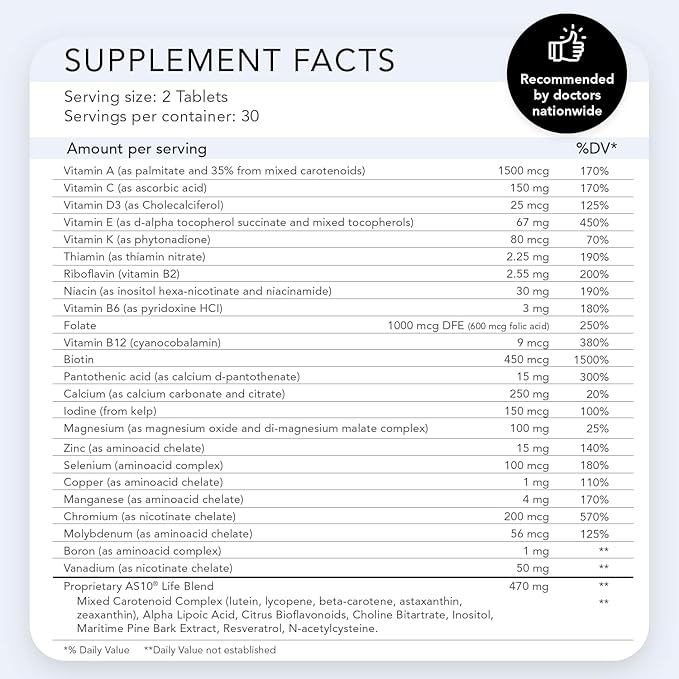 AS 10® Life – 60 ct, Complete Multivitamin codeveloped by NASA for Stress, Immune Support & Anti Aging Supplement with Antioxidants Resveratrol, Alpha Lipoic Acid, Lutein & Zeaxanthin