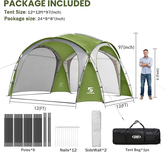 Beach Tent 12 X 12ft Large UPF50+ Pop Up Canopy with 2-Pcs Side Wall, Sun Shelter Rainproof, Waterproof for Camping Trips, Backyard Fun, Fishing, Parties, Or Picnics(Green)