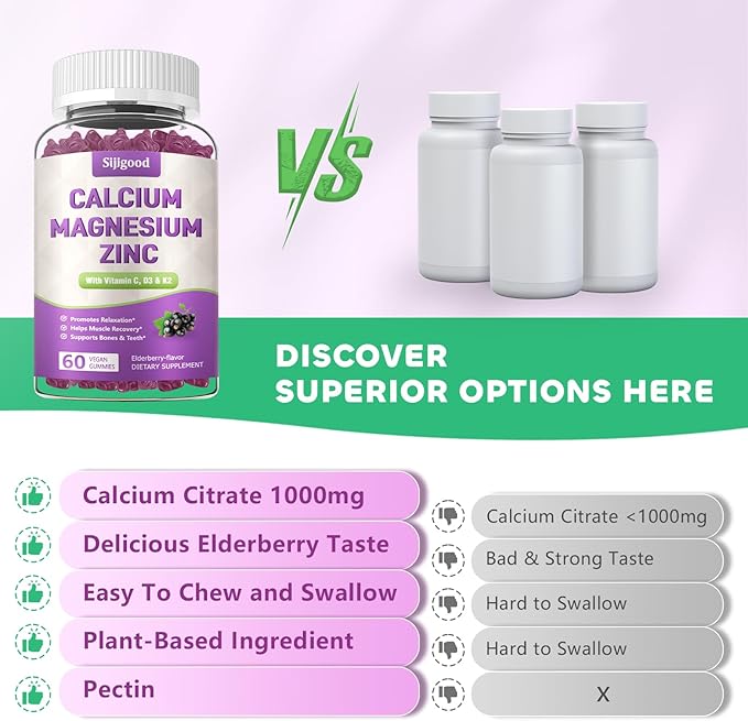 Calcium Magnesium Zinc Gummies with Vitamin C D3 K2, Calcium Gummies for Bone, Muscle, Calm & Zzz Support, High Absorption Formula with Magnesium Zinc Folate Potassium, Elderberry Flavored 60 Counts