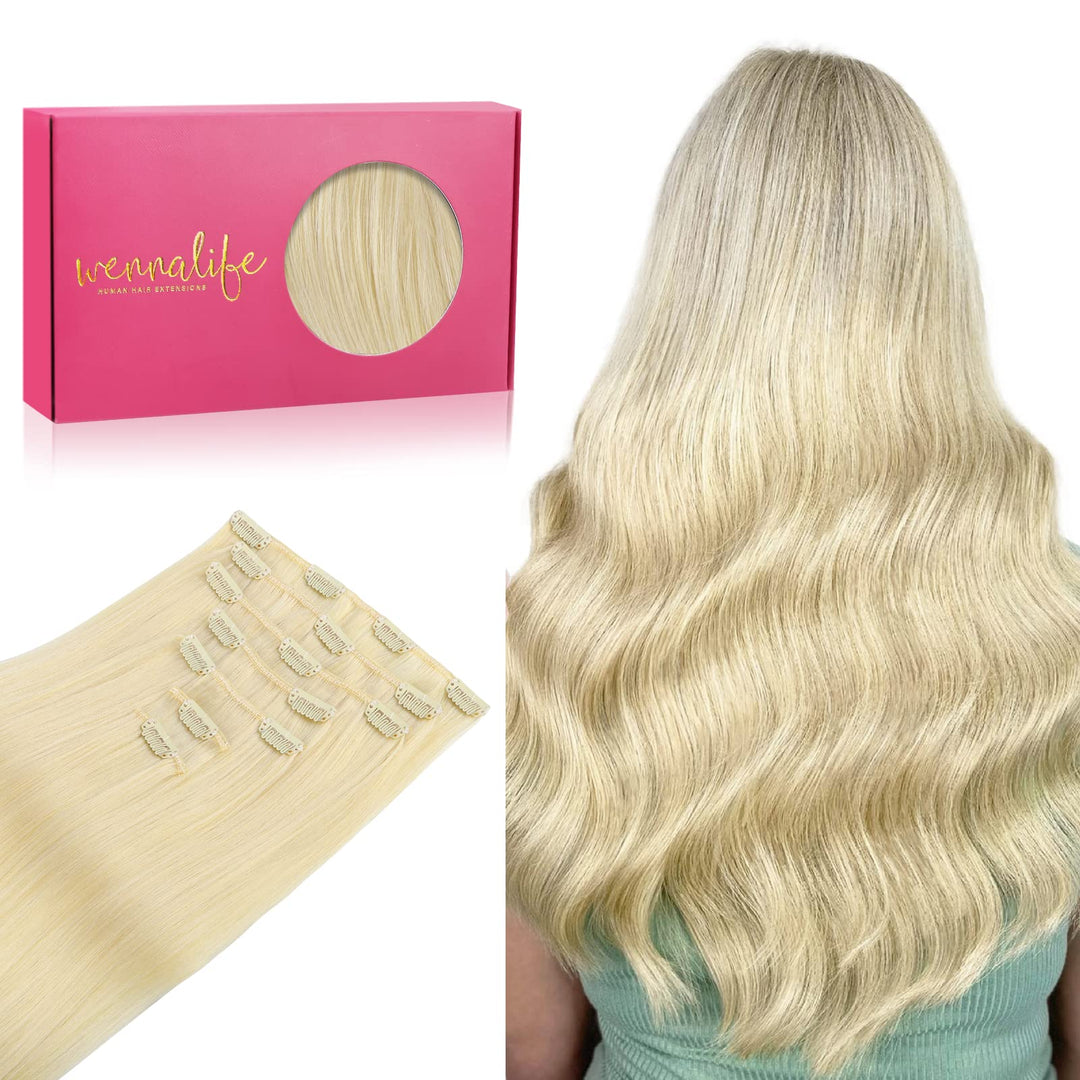 Wennalife Clip In Hair Extensions Real Human Hair, 20 Inch 120G 7Pcs Human Hair Extensions Clip In Human Hair, Bleach Blonde Hai
