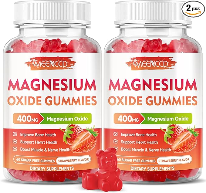 2 Pack Magnesium Oxide Gummies 400mg, Chewable Magnesium Oxide Supplement for Adults & Kids, Nerve & Muscle Support, Non-GMO, Sugar-Free, Strawberry Flavor, 120 Count
