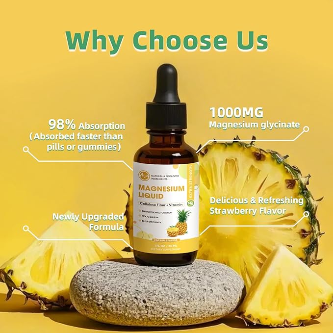 Liquid Magnesium Supplement with Cellulose Fiber, Bromelain, Vitamin B6, C, D, Zinc, Pineapple Flavor, 1 Fl Oz (Pack of 3)