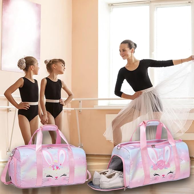 Unicorn Dance Bag for Girls Travel Duffel Bags Girls Sports Gym Bag Overnight Ballet Dance Bag with Shoe Compartment and Wet Compartment（Pink）