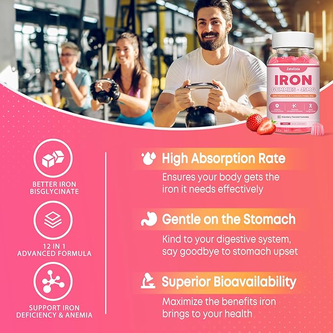 Vegan 2 Pack Iron Supplement Gummies for Women & Men, Anemia, Blood Builder & Energy Support for Iron Deficiency, with Vitamin C, A, B Complex, Folate, CoQ10, Sugar Free, Non-GMO, 120 Count