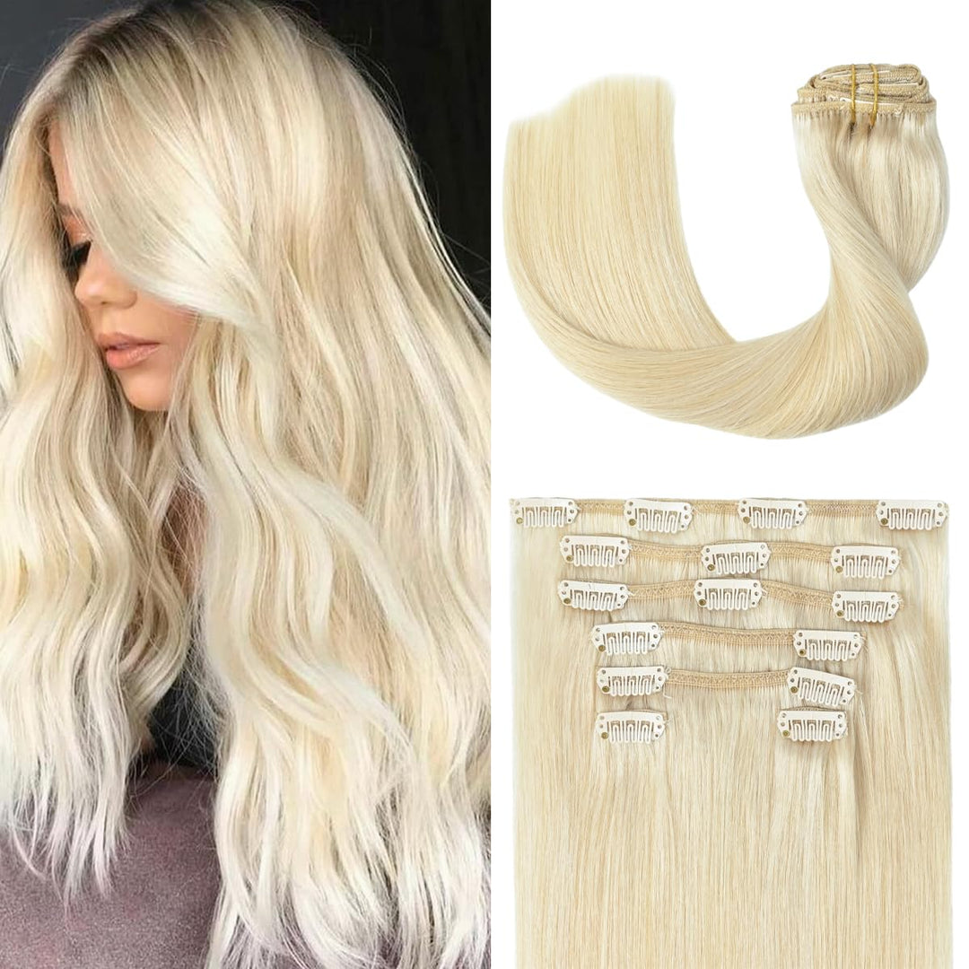 Ugotrays Clip In Hair Extensions Real Human Hair Blonde - 18 Inch 120G 7Pcs Platinum Blonde 100% Remy Human Hair Clip In Extensi