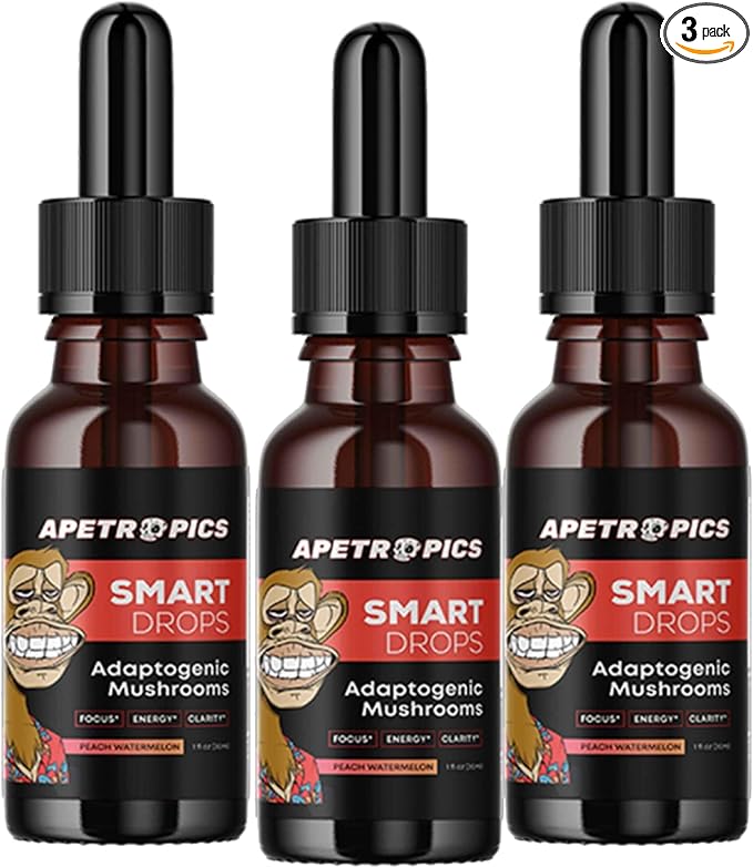 Apetropics Smart Drops - 5-in-One Adaptogenic Mushroom Tincture with Lion’s Mane, Cordyceps, Turkey Tail, Chaga, Reishi - Nootropic Brain Supplement - Peach Watermelon Flavor, 30-Servings (3 Pack)